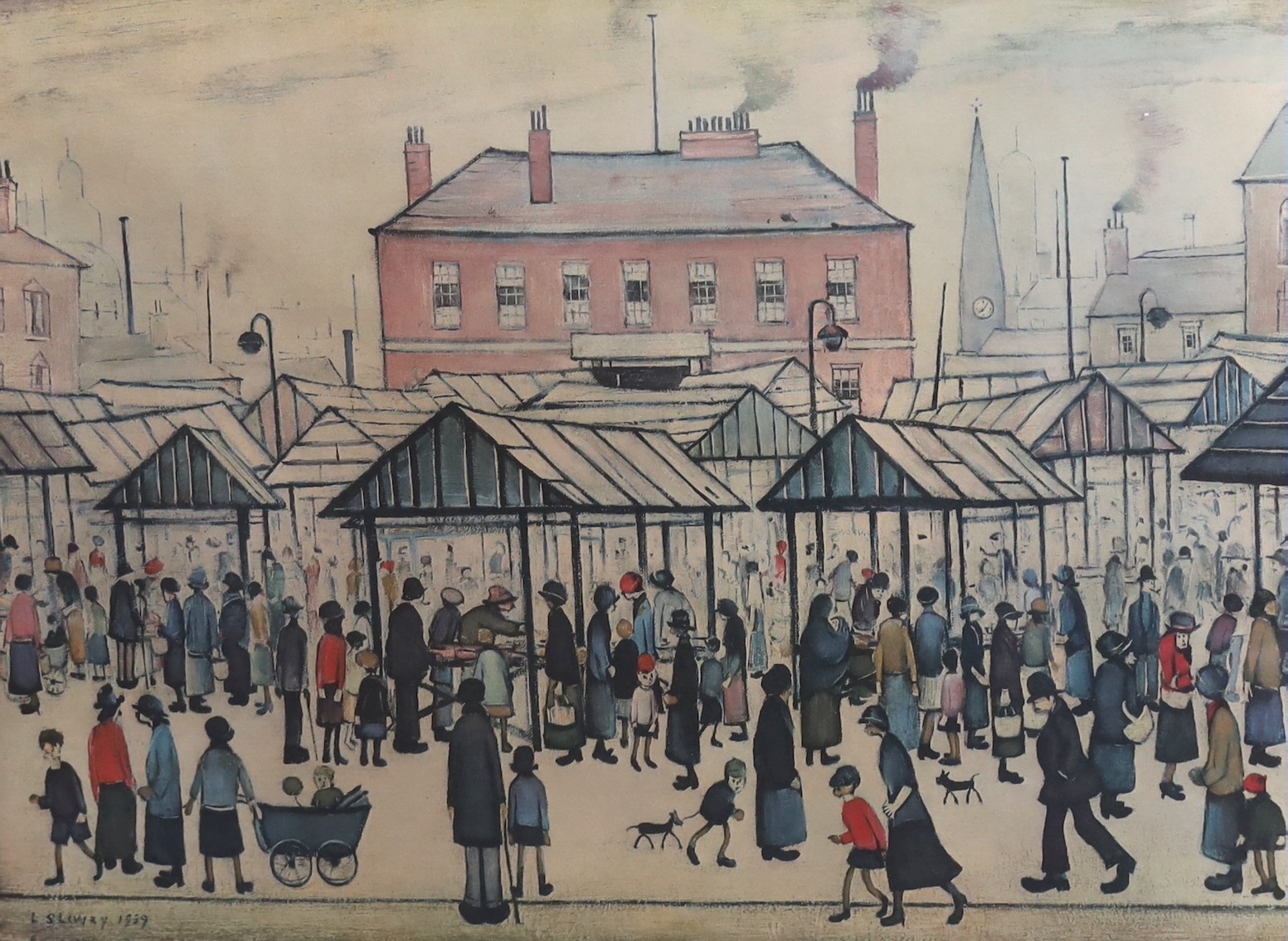 Laurence Stephen Lowry R.A.(1887–1976), Market scene in a Northern Town, lithograph, 48 x 62cm